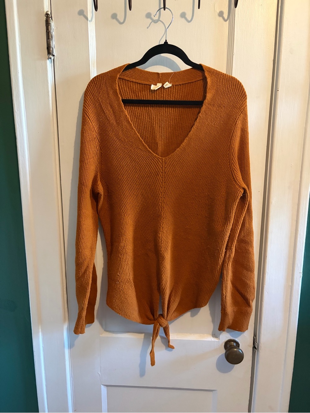 Moth V-Neck Tie-Hem Sweater in Rust Orange
